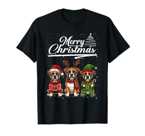 Funny Boxer Dog Reindeer Elf Santa Hat Merry Christmas Xmas Maglietta