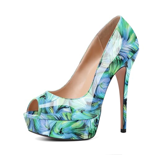 YODEKS Women's Peep Toe Platform Stiletto High Heel Pumps Thin Heel Dance Party Dress Shoes Patent Floral Green 9.5 M US Size - Main Image