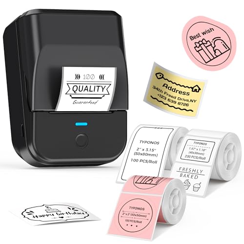 TYPONOS PM240 Label Maker Machine with 3 Tapes, 2' Portable Thermal Label Printer, Bluetooth Address Label Maker with Multiple Templates for Small Business, Home, School, Safety Label Makers, Set 1