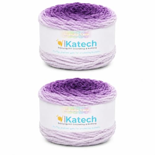 Image of Katech Ombre Cnenille Yarn for Crocheting-2 Pcs of 285g /10oz-6 Super Bulky | Fluffy Velvet Blanket Yarn for Knitting, Soft Fuzzy Phasing Cake Yarns for Baby Blanket, Throw Pillow, Plushies, Hat(Purple)