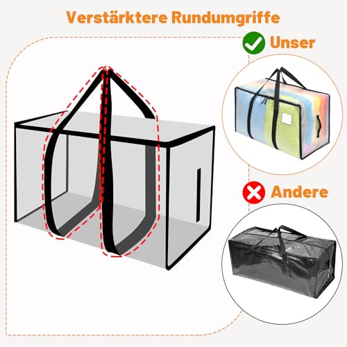 Dntorx 4 Stück 105L Große Aufbewahrungstasche mit Deckel, Faltbare Transparente Umzugskartons Groß mit Reißverschluss Griffe Weihnachtslager für Weihnachtsbaum Tasche Umzug Bettwäsche Aufbewahrung
