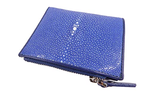 Genuine Polished Stingray Shagreen Skin Leather Zip Bifold Wallet (Ultramarine Blue)