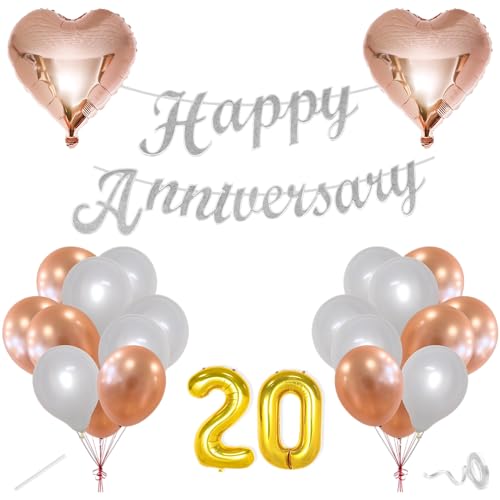 Image of Flyloons 20th Happy Anniversary Decoration Items Rose Gold White for Men Women Husband Wife Mom Dad Parent Couple Home Bedroom Car With 20 Pcs Metallic Balloons Anniversary Banner 2 Pcs Heart Set Kit