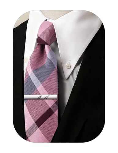 Image of Barry.Wang Plaid Ties Mens Silk Necktie and Tie Clip Checkered Tie for Wedding Party Business Formal