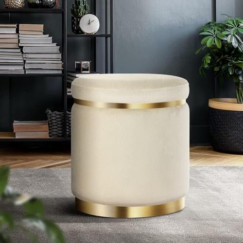 Image of Velvet Puffy Ottoman Stool, Round Footrest with Diamond Quilting and Gold Base, Grey, for Living Room, Bedroom and Dressing Area Grey (Cream)