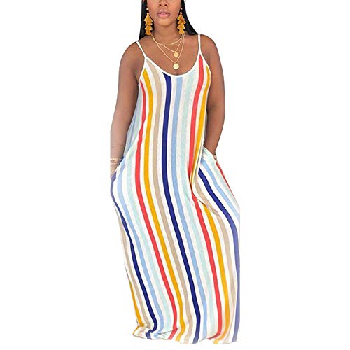 Image of BFFBABY Womens Summer Suspender Maxi Dress Plus Size Striped Printed Sleeveless with Pockets and Belt