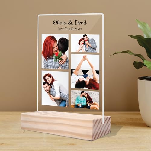 Image of Giftplease Customized Photo And Text Frame With Wooden Stand | Personalised Printed Photo Frame | Gift | Birthday | Anniversary (Transparent, 5MM, 6 * 8 Inches), Tabletop