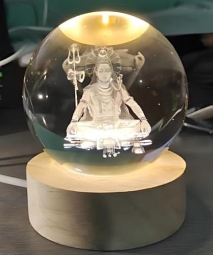 Image of STARKENDY 3D Mahadev Crystal Ball LED Night Lamp, Creative Engraved Night Light Wooden Base, Warm White Decorative Table Lamp for Home, Office, Bedroom, Birthday Gift