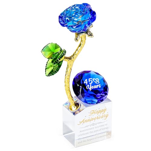 YWHL 45th Wedding Anniversary Rose Gifts for Parents 45 Years Happy Anniversary Sapphire Gift for Couples Romantic Sapphire Wedding Keepsake for Wife Her Crystal Rose Figurine with Blue Diamond