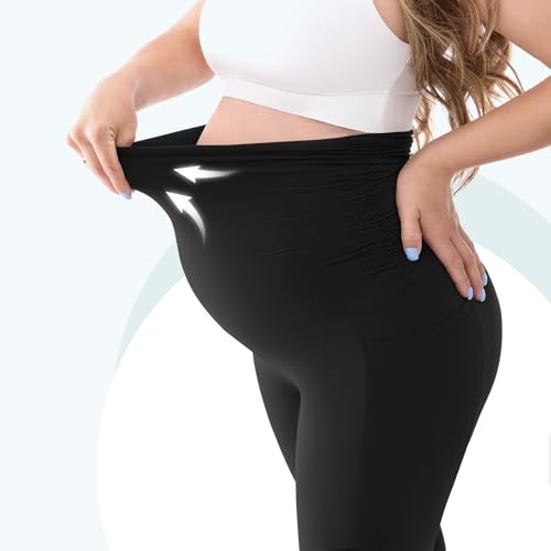 Leafigure Womens Maternity Leggings with Pockets, Pregnancy Buttery Soft Yoga Workout Pants Navy Small — view 4