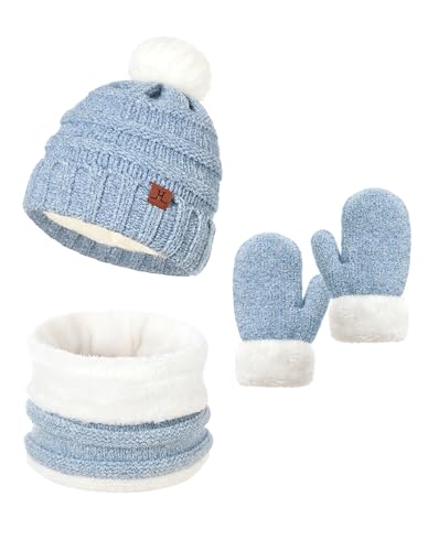 Toddler Hat Scarf And Glove Set Boy Girl Winter Pom Beanie Hat Neck Warmer Tube Mitten Gloves Ages 2-4 2t-4t 3-5 Fleece Lined