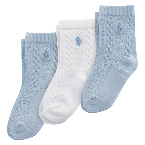 Polo Ralph Lauren Baby Classic Socks-3 Pair Pack Cable and Tossed Cotton, Soft Blue, 6-12 Months