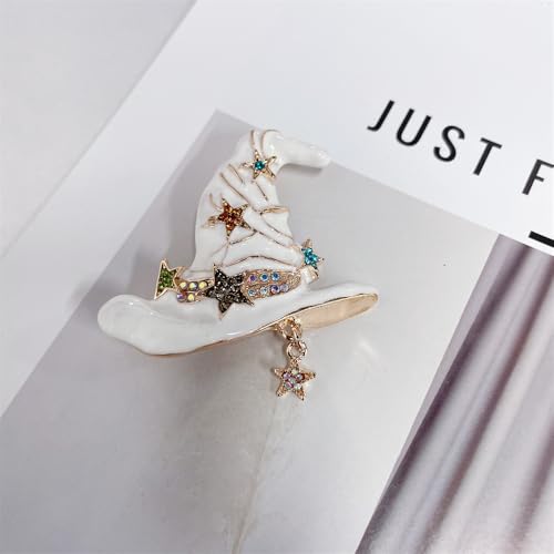 Image of Vintage Witch Hat Star Colorful CZ Dangle Black White Enamel Halloween Brooch Lapel Pins for Women Girls Boys Gold Plated Fashion Magic Witch Brooches Pin Cute Holiday Party Hat Bag Suit Accessories Jewelry Gift