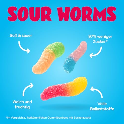 ahead Sour Worms Gummibärchen | Fruchtgummi 18 × 50 g | Gummibärchen ohne Zuckerzusatz | Nur 1 g Zucker & 78 kcal pro 50 g | saure Fruchtgummi-Würmer & ballaststoffreich