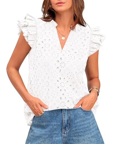 BTFBM Summer Tops for Women 2026 Dressy Casual Embroidered Eyelet Blouses V Neck Ruffle Sleeve Spring Fashion Clothing(White Medium)