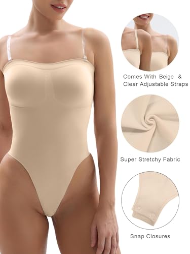 Image of SHAPERX Strapless Bodysuit for Women Tummy Control Seamless Shapewear Thong Body Shaper with Invisible & Removable Straps