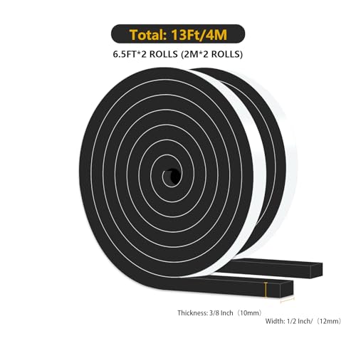 Image of Foam Weather Stripping Tape,High Density CR,1 /2 in x 3 /8 in x 13Ft | Weather Stripping Door Seal Strip for Insulating Door Frame, Window, Air Conditioner,Self Adhesive Sealing Weatherstrip,Black