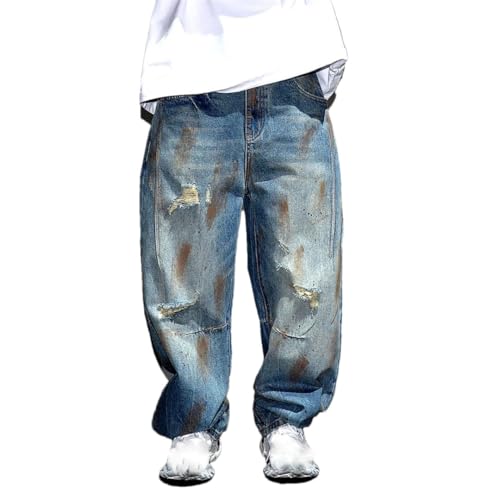 Men’S Casual Streetwear Ripped Baggy Cargo Denim Full Length Pants Button Fly Midweight Distressed Hole Detail
