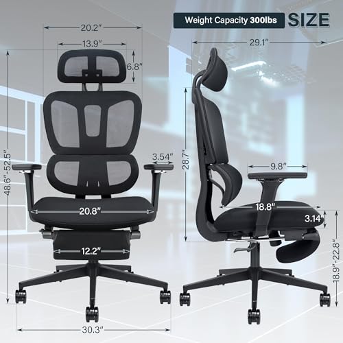 Ergonomic Office Chair with Foot Rest, High Back Computer Office Chair with Dynamic Lumbar Support, 2D Headrest, 4D Armrest, Sponge Seat, Mesh Home Office Desk Chair for Adults, Black