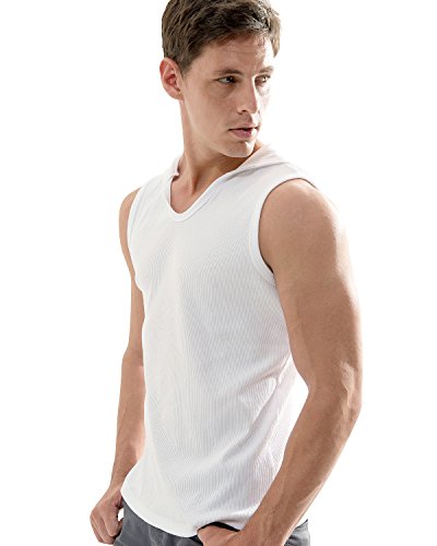 Ililily Stretchy Ribbed Knit Hoodie Sleeveless Athletic Muscle Tee Tank Top (Tshirts-349-4-M) White #TOP3