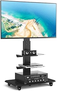 Rfiver Rolling Floor TV Stand with Swivel Mount for 40-75 Inch Flat Screen/Curved TVs, 3-Shelf Heavy Duty Portable Mobile TV Cart with Wheels, Black Universal Tall TV Mount Trolley for Home and Office