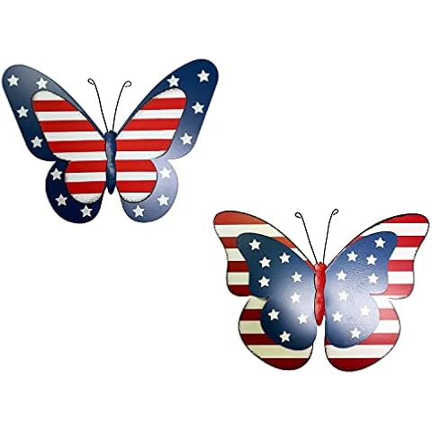 YUMBOR Set of 2 Rustic Metal Americana Butterfly Patriotic Wall Decor American Flag Hanging Ornaments 4th July Garden Yard Signs Independence Day Indoor Outdoor Wall Decorations Cover