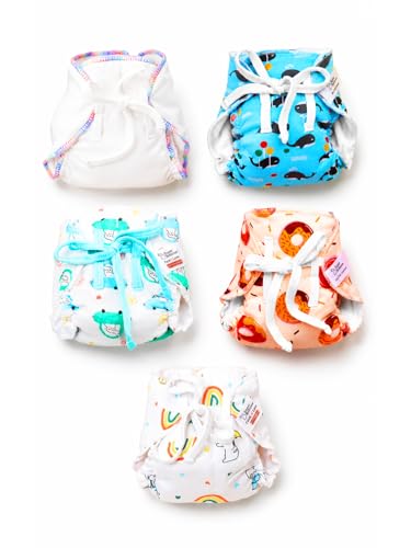 Image of SuperBottoms DryFeel Langot Trial Kit for Newborn Babies, 5 Assorted Langots with 2 Printed, 2 Premium Muslin & 1 White, Soft Cotton Langot for Diaper-Free Time, 0-9 Months