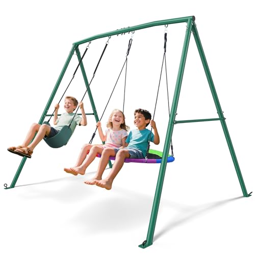 Trekassy Doppelschaukel Outdoor Schaukel Set mit Metall Gestell bis 200 kg belastbar, Schaukelgestell Garten mit Höhenverstellbare Kinderschaukel Nestschaukel Outdoor für Kinder & Erwachsene