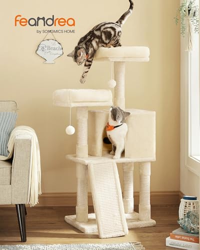 Image of Feandrea Cat Tree, 45.3-Inch Cat Tower, Plush Condo Scratching Post, Beige | 45.3-Inch Cat Tower, Plush Condo with Scratching Post, Ramp, Perch, Spacious Cave, Beige