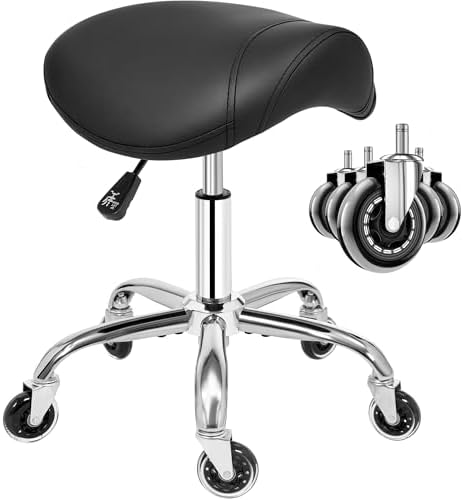 ANWBROAD Sattelhocker mit Rollen 360° Drehhocker Silent-Rollen | höhenverstellbar Rollhocker bis 205 kg Dickes Leder breite Sitz für Schönheitssalons, Salon, Spa und Kliniken Schwa