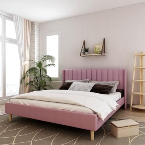 Image of Low Profile Upholstered Platform Bed with Winback Headboard | Bed King Size | Bed Without Storage | Upholstered Beds King Size | Mattress not Included | Pink