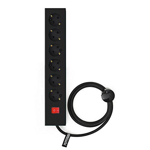Preisvergleich Produktbild PLUG 6 Schwarz / 6er MEHRFACH-STECKDOSEN-LEISTEN m. Schalter / schöne Design Steckdose / schaltbare Steckerleiste mit lackierter Stahl-Verkleidung / Wandmontage / Peppermint Products