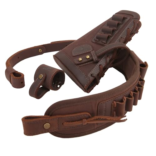 WAYNE'S DOG No Drill Leather Gun Sling Loop Mount with Rifle Cheek Rest Shell Holder for .357 30-30 45-70 12GA (.308 .30-06 .44MAG .45-70, Coffee Set)