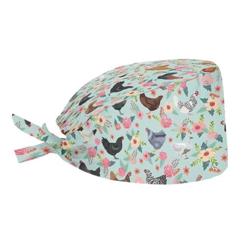 Babrukda Women Men Cap with Sweatband Floral Chickens Fashion Design Adjustable Tie Back Hats Head Hair Cover Comfort Turban Hat Beanie Headwear for Home Office Vacation Athletic