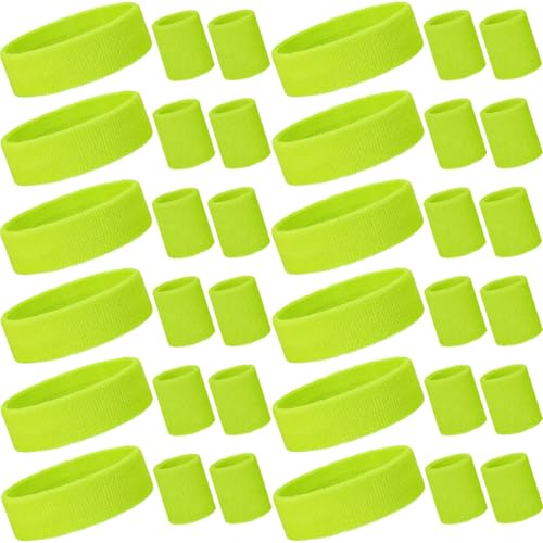 Image of Bememo 36 Pcs Neon Sweatbands Set for Kids 12 Headbands 24 Wristbands Bulk Sports Sweat Bands Athletic for Children Basketball Tennis Running Gym Student Gifts Glow Party