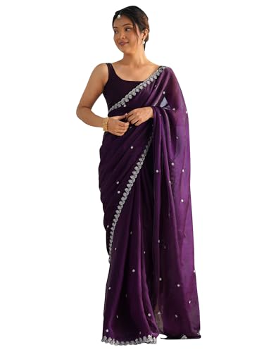 Image of AKHILAM Women's Shimmer Tissue Embroidered Saree With Unstitched Blouse Piece