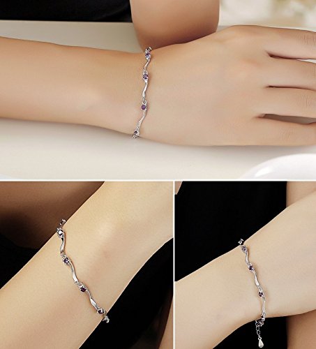 QIAN0813 925 Sterling Silver Plated Bracelet for Women Charm Wave Bamboo Bracelet Cubic Zircon Crystal Bracelet Gift (Purple) - Image 3