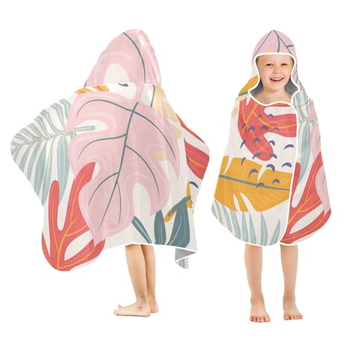 susiyo Kids Hooded Bath Towel Colored Tropical Leaves Beach Towel for Kids 23.5 x 50 Inch Microfiber Soft Absorbent Quick Dry Bath Swim Pool Towel Wrap Poncho Bathrobe with Hood for Kids Toddler