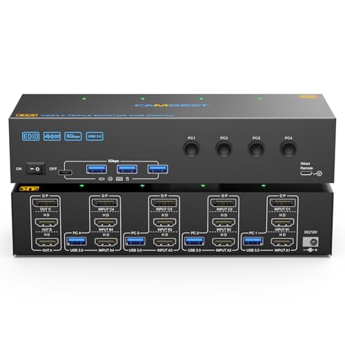 KVM Switch 3 Monitors 4 Computers 4K@60Hz, 2 HDMI+Displayport KVM Switch Triple Monitor for 4 Computer Share 3 Monitor and 4 USB3.0 Port Keyboard Mouse Printer, Wired Remote and 4 USB Cables Included