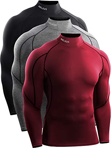 NELEUS Men's Compression Shirts Dry Fit Long Sleeve Mock Neck Shirts,3 Pack,5059,Black/Red/Grey,US L,EU XL