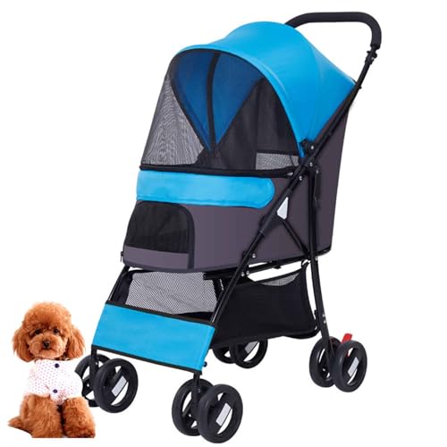 PJDDP Folding Pet Stroller, 4 Wheels Portable Pet Travel Pushchair with Adjustable Canopy, Safety Belt, Storage Basket & Zippered Mesh Entry, Pet Travel Carrier Carriage for Dogs & Cats,Blue