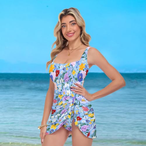 Maillot de bain push-up femme avec bas short bleu fleurs