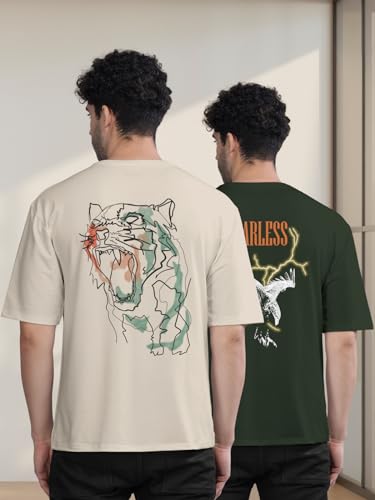 Image of BULLMER Trendy Front and Back Printed Oversized Round Neck T-Shirt for Men - Pack of 2