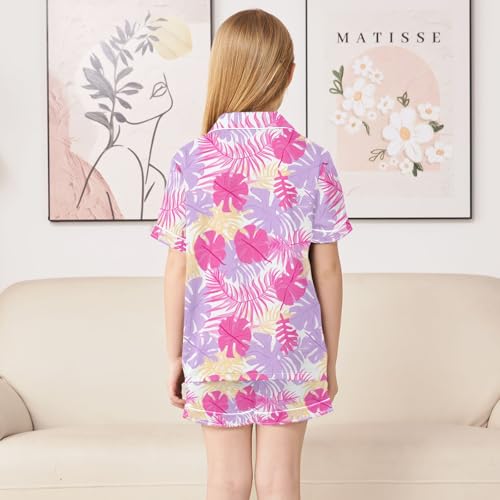 Pink Leaf Summer Satin Pajama Set, Cute Button-Down Sleepwear Pj Set for Sleep Wears4