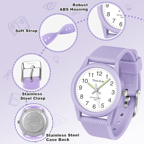 SOCICO Kids Analog Watch for Boys Girls, Easy to Read Learning Time Watch, 50M Waterproof, Soft Band Wristwatch for Ages 4-12, Great Gift for Children - Image 5