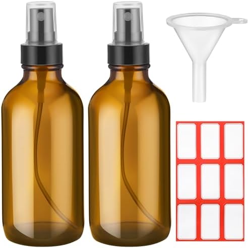Fumete 2 Pcs Glass Spray Bottles 4oz Fine Mist Glass Spray Bottle Refillable Liquid Containers with 1 Label and 1 Funnel for Hair, Travel, Plants, Cleaning Solutions and Skin Care (Amber)