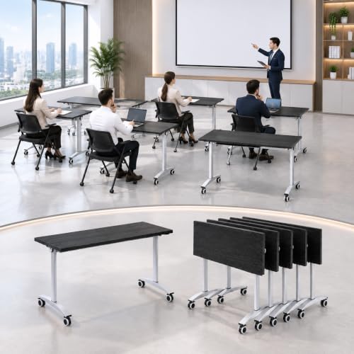 Folding Conference Table with Wheels Flip Top Business Mobile Meeting Table for 2-30 Person Classroom Seminar Library Meeting Room Office Desk,Black,55in,4