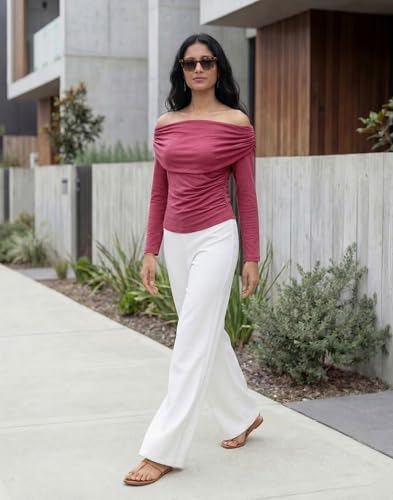 Image of Selvia Women's Off Shoulder Ruched Long Sleeve Top, Stylish Casual Slim Fit Stretch Top