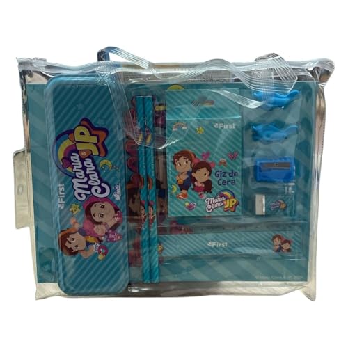 Kit Escolar, Conjunto com Estojo, Lápis, Régua, Apontador, Borracha, Tema Infantil, Turquesa