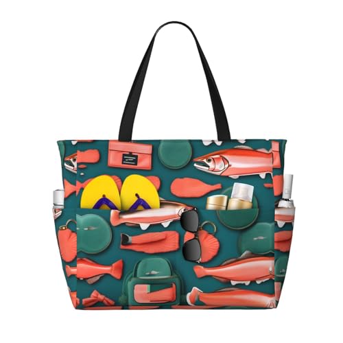 Salmon Pattern Print Waterproof Beach Bag For Womentote Bag Zipper And Pockets For Travel Vacation
